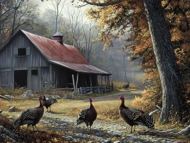 "Rustic Barn with Wild Turkeys"-Canvas Wall Art