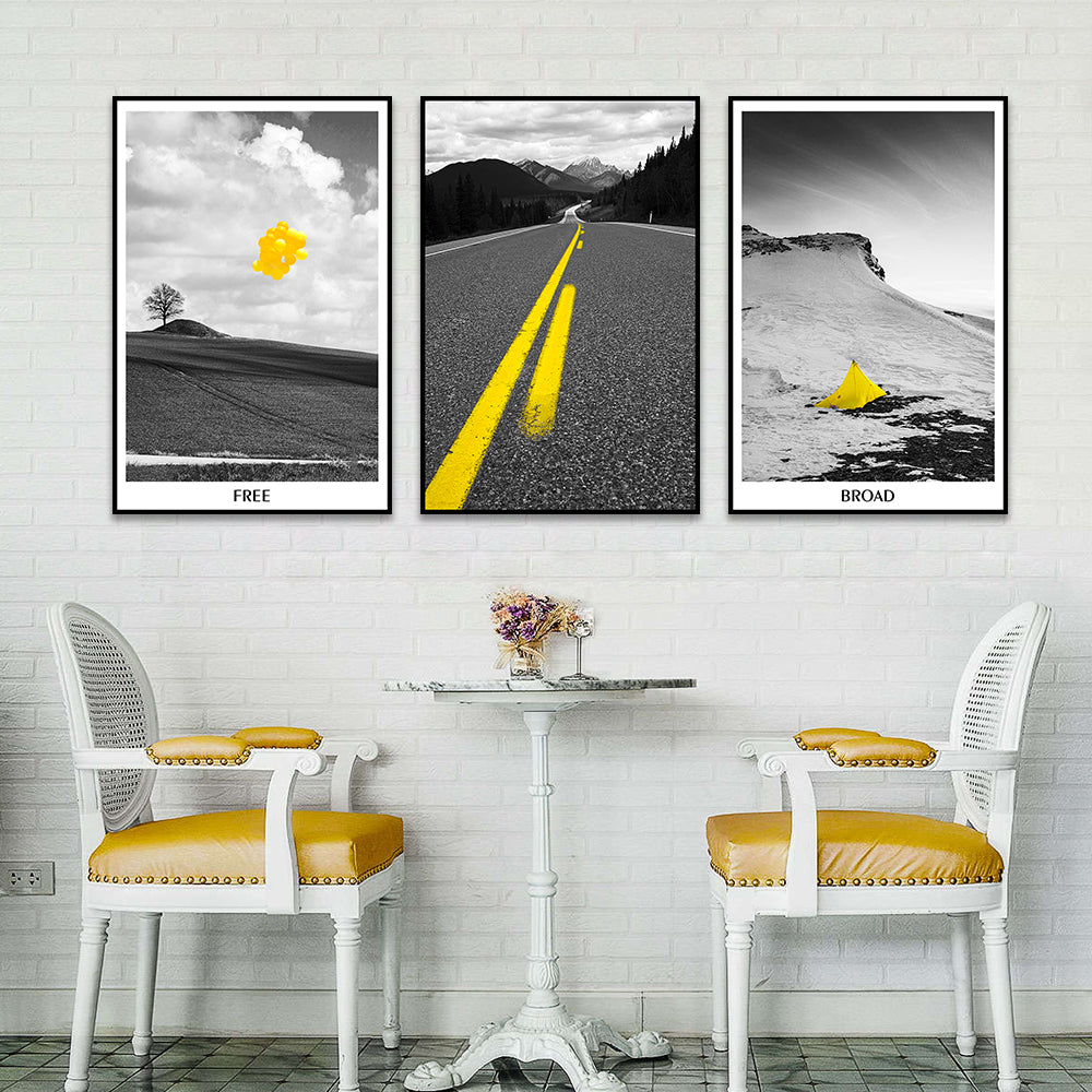 3-Piece Nordic Black and Yellow Landscape Road Canvas Wall Art Set