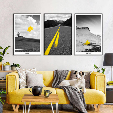 3-Piece Nordic Black and Yellow Landscape Road Canvas Wall Art Set