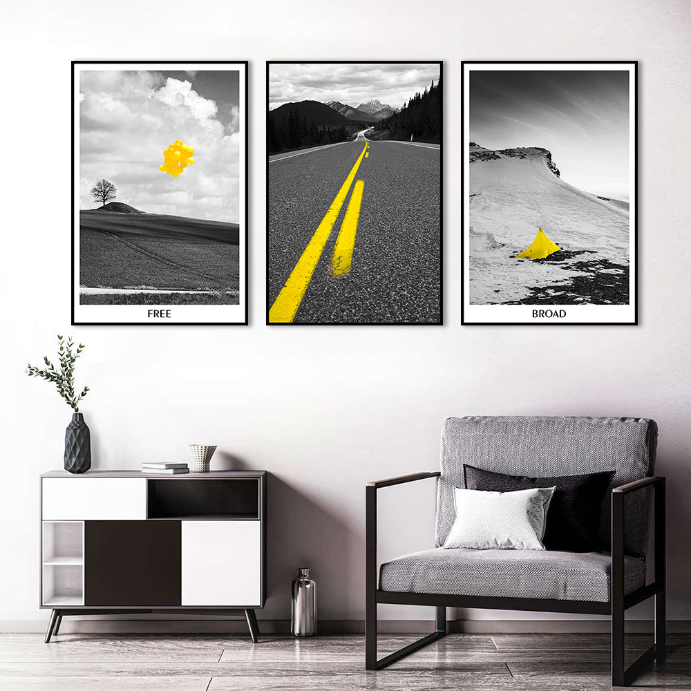 3-Piece Nordic Black and Yellow Landscape Road Canvas Wall Art Set