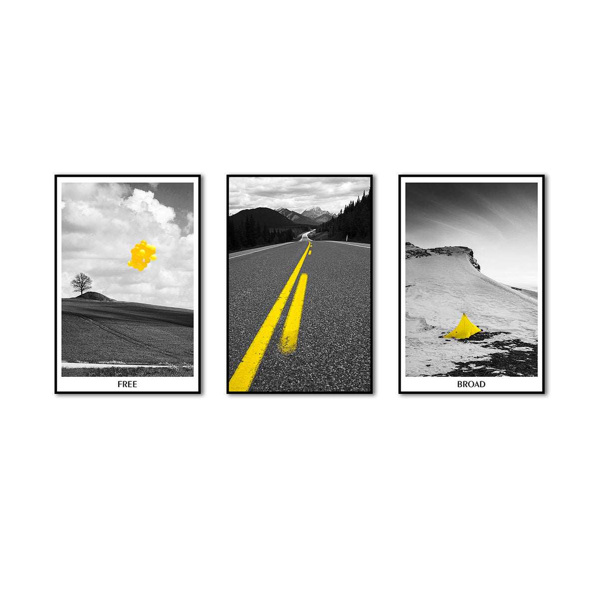 3-Piece Nordic Black and Yellow Landscape Road Canvas Wall Art Set