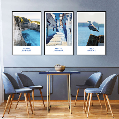 3-Piece Nordic Blue Ocean and Greek Town Canvas Wall Art