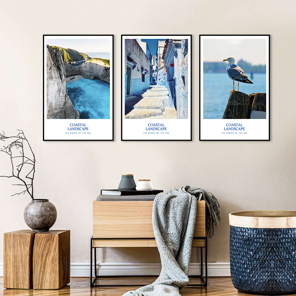 3-Piece Nordic Blue Ocean and Greek Town Canvas Wall Art