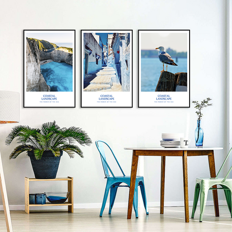 3-Piece Nordic Blue Ocean and Greek Town Canvas Wall Art