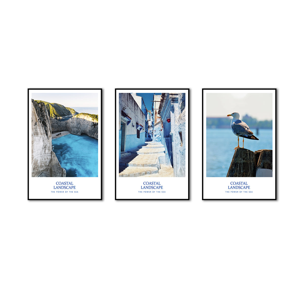 3-Piece Nordic Blue Ocean and Greek Town Canvas Wall Art