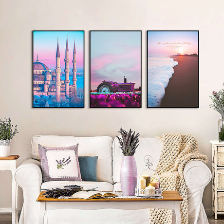 3-Piece Nordic Castle and Sunrise Beach Canvas Wall Art