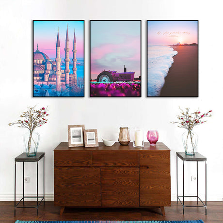 3-Piece Nordic Castle and Sunrise Beach Canvas Wall Art