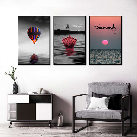 3-Piece Nordic Colorful Balloon and Boat in Sunset Canvas Wall Art