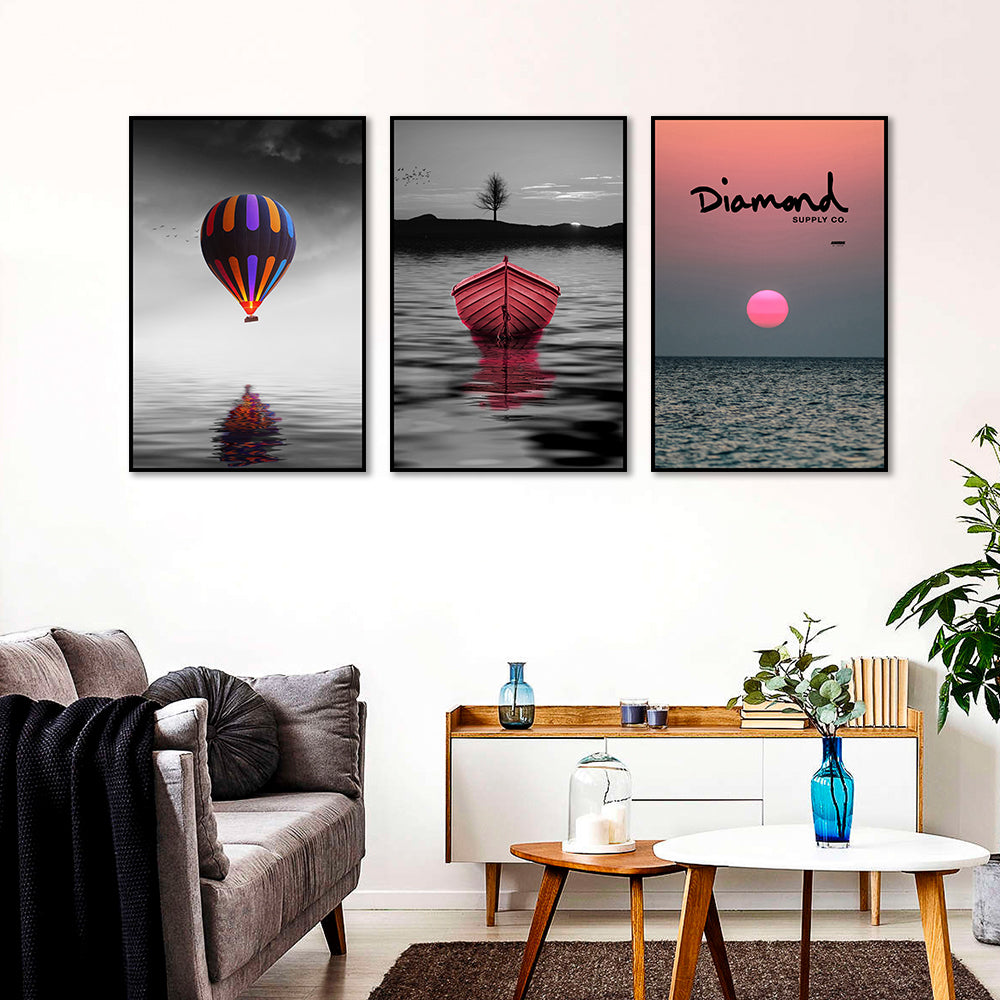 3-Piece Nordic Colorful Balloon and Boat in Sunset Canvas Wall Art