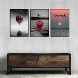 3-Piece Nordic Colorful Balloon and Boat in Sunset Canvas Wall Art