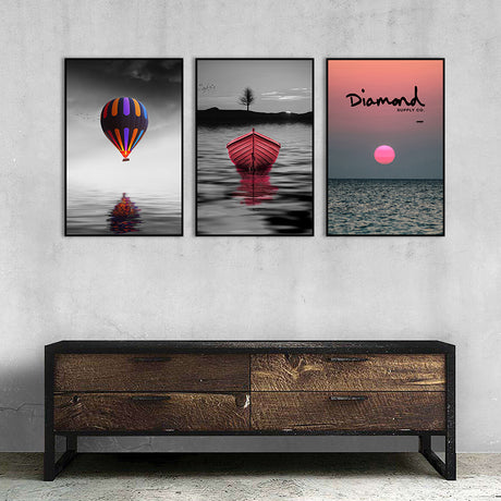 3-Piece Nordic Colorful Balloon and Boat in Sunset Canvas Wall Art