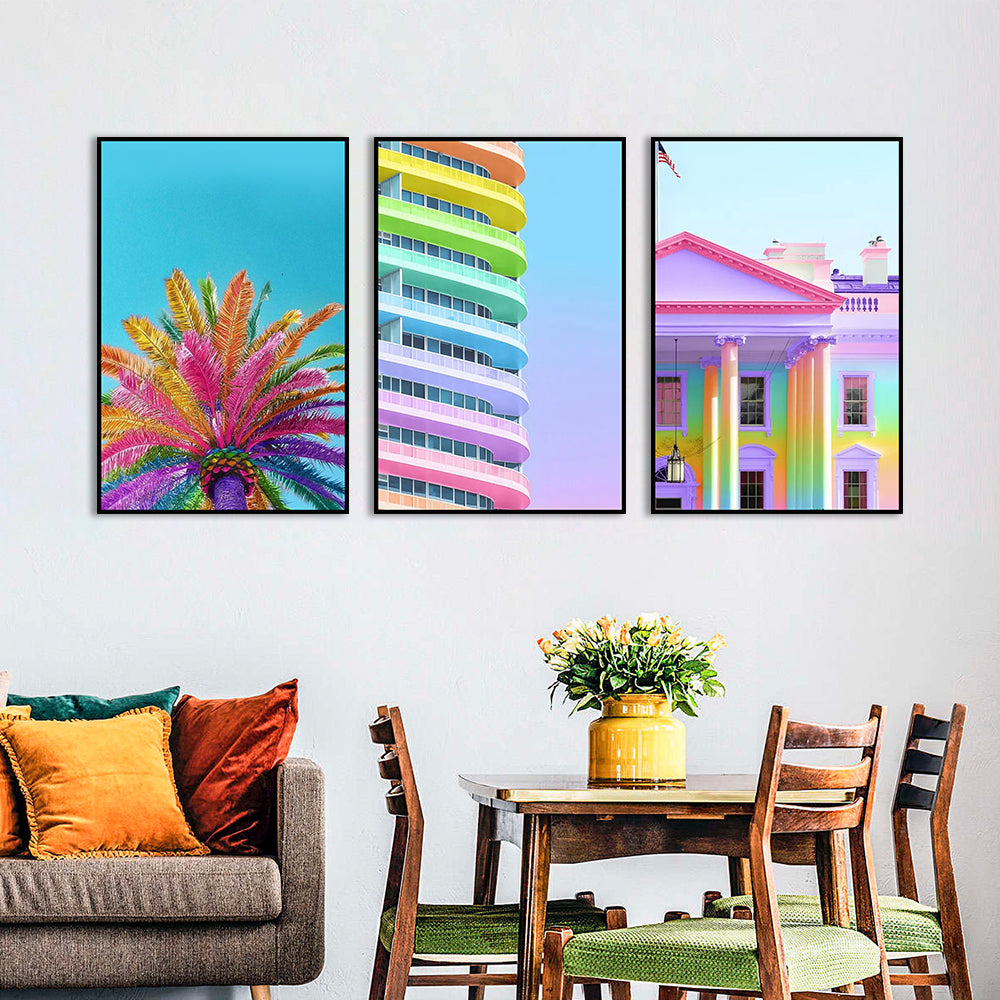 3-Piece Nordic Colorful Building and Vibrant Palm Tree Canvas Wall Art