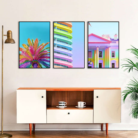 3-Piece Nordic Colorful Building and Vibrant Palm Tree Canvas Wall Art