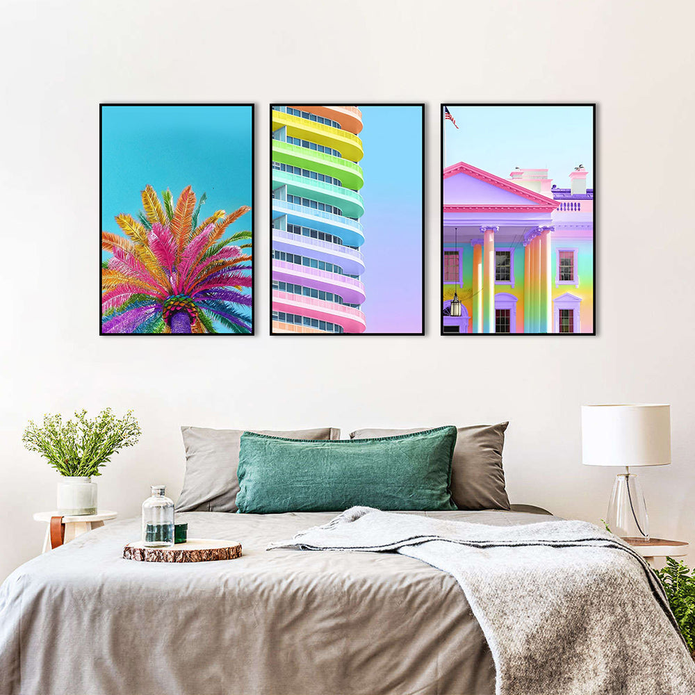 3-Piece Nordic Colorful Building and Vibrant Palm Tree Canvas Wall Art