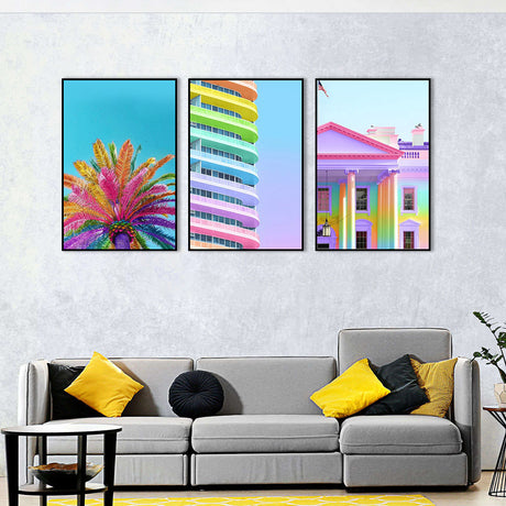 3-Piece Nordic Colorful Building and Vibrant Palm Tree Canvas Wall Art