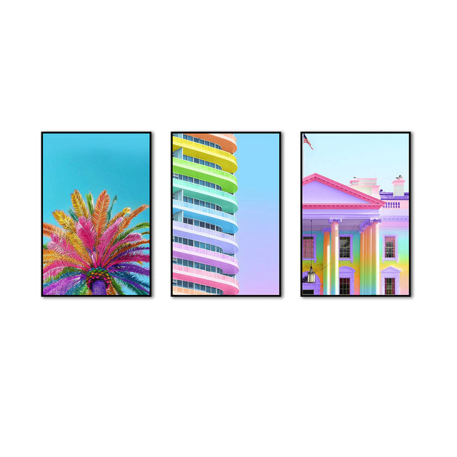 3-Piece Nordic Colorful Building and Vibrant Palm Tree Canvas Wall Art