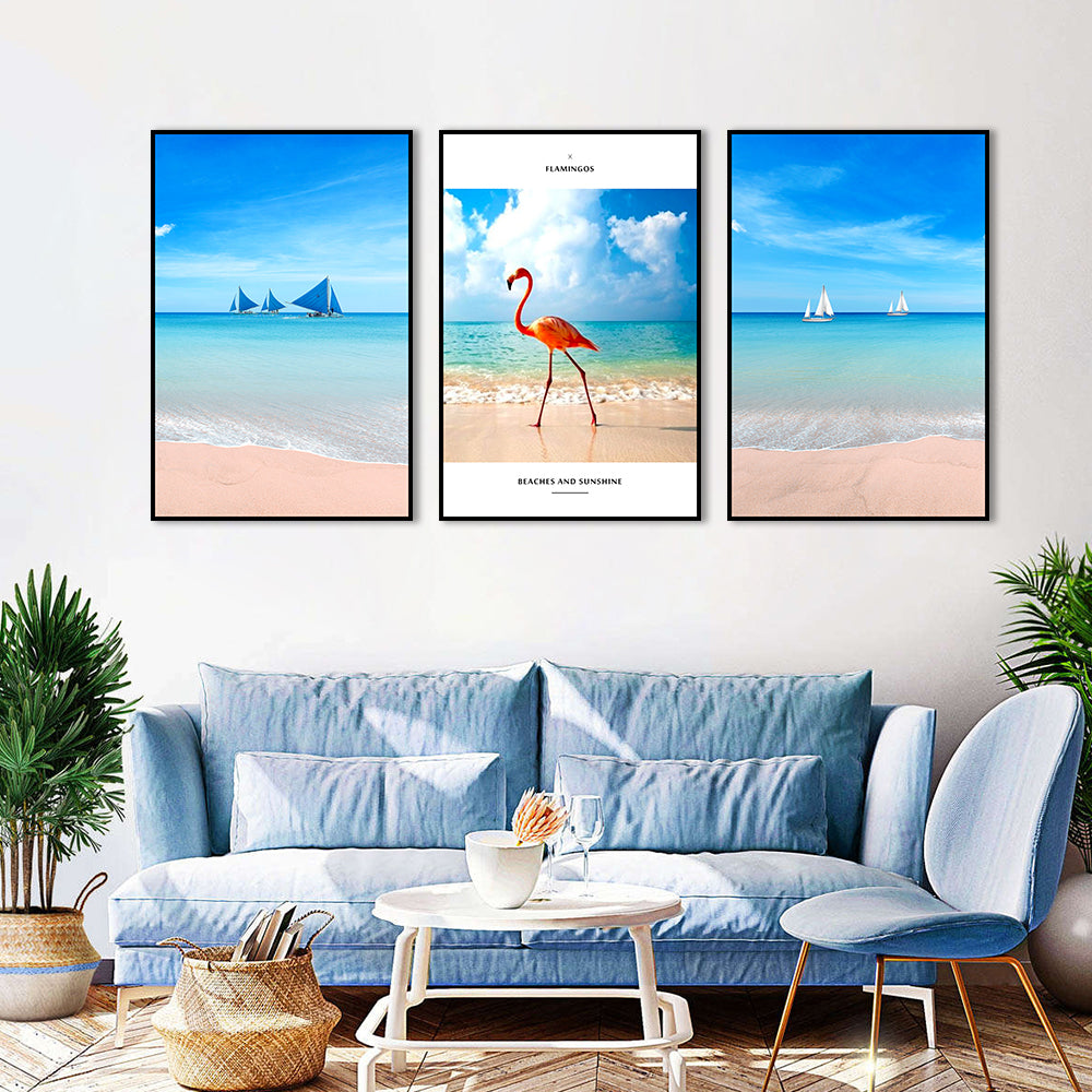 3-Piece Nordic Flamingo and Beach Canvas Wall Art