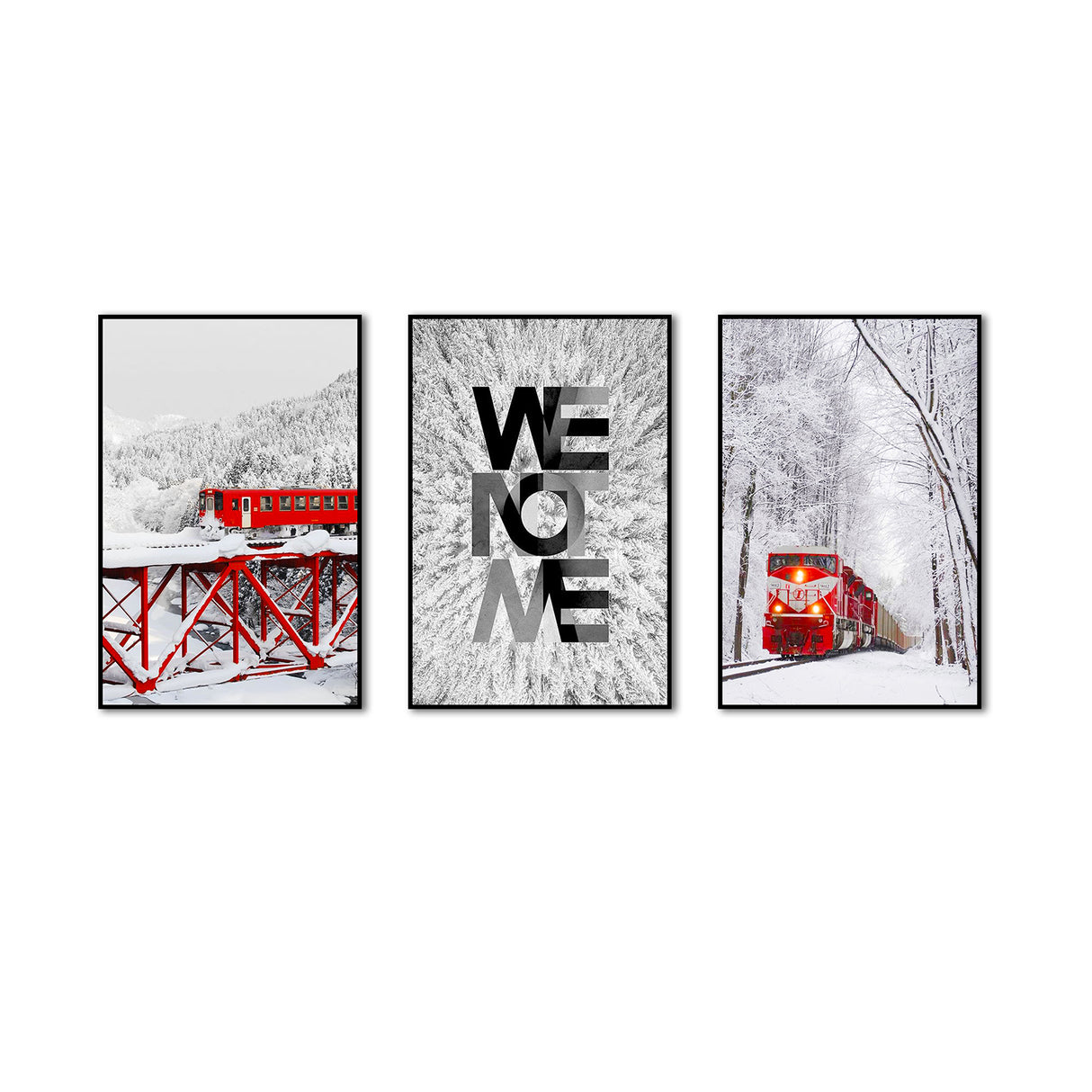 3-Piece Nordic Winter Train And Typography Canvas Wall Art