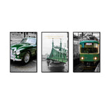  3-Piece Green Classic Car, Bridge, and Train Canvas Wall Art