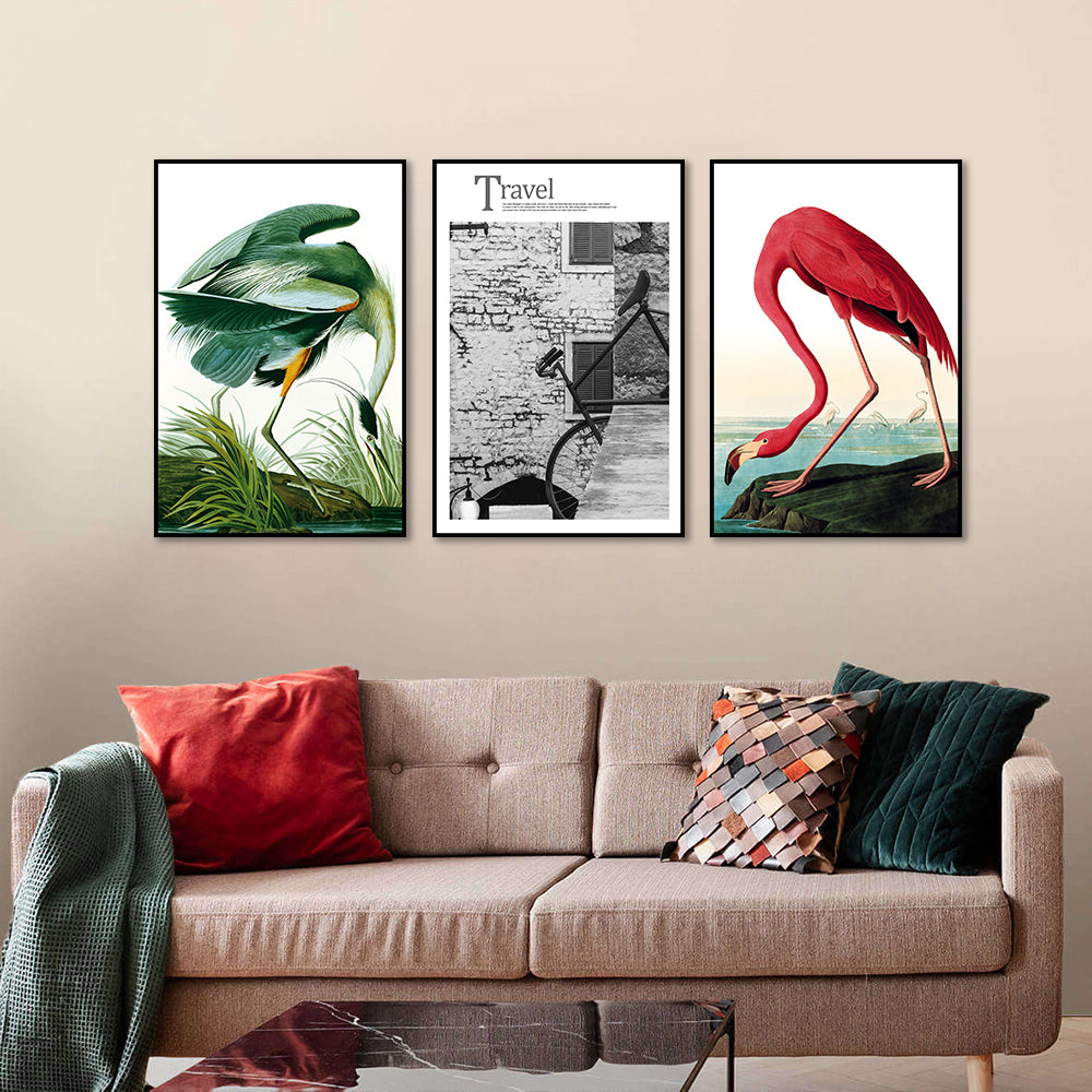 3-Piece Green And Red Flamingo With Travel Canvas Wall Art