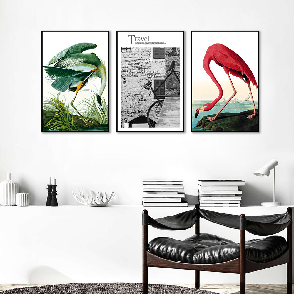 3-Piece Green And Red Flamingo With Travel Canvas Wall Art