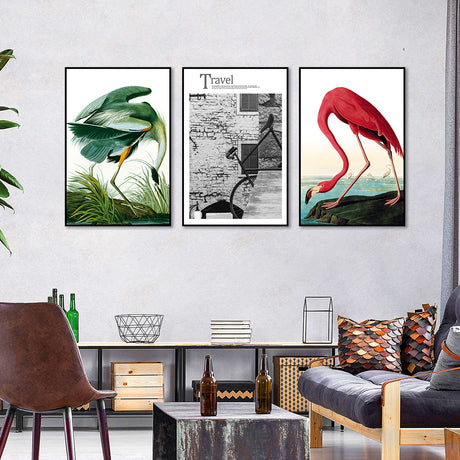 3-Piece Green And Red Flamingo With Travel Canvas Wall Art