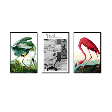 3-Piece Green And Red Flamingo With Travel Canvas Wall Art