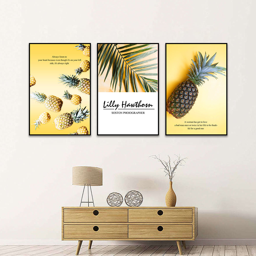 3-Piece Tropical Pineapple And Inspirational Quote Canvas Wall Art Set