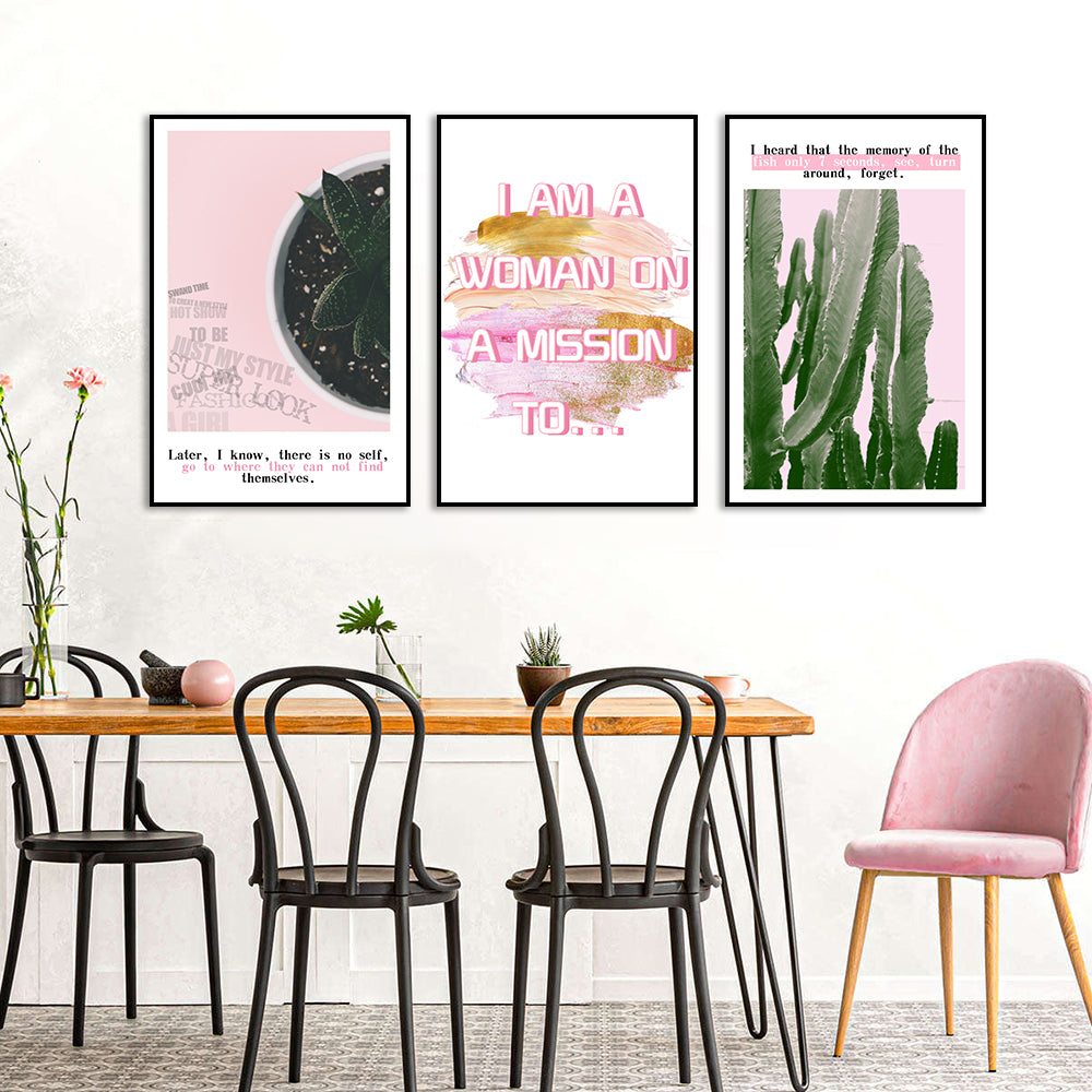 3 Piece Nordic Pink Letters and Cactus Canvas Wall Art