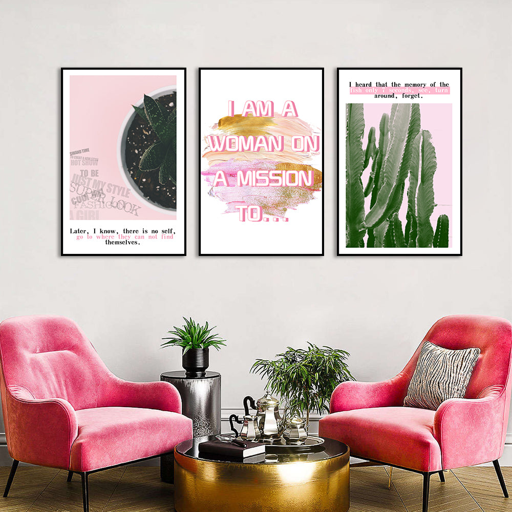 3 Piece Nordic Pink Letters and Cactus Canvas Wall Art