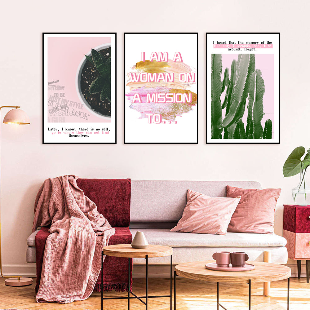 3 Piece Nordic Pink Letters and Cactus Canvas Wall Art