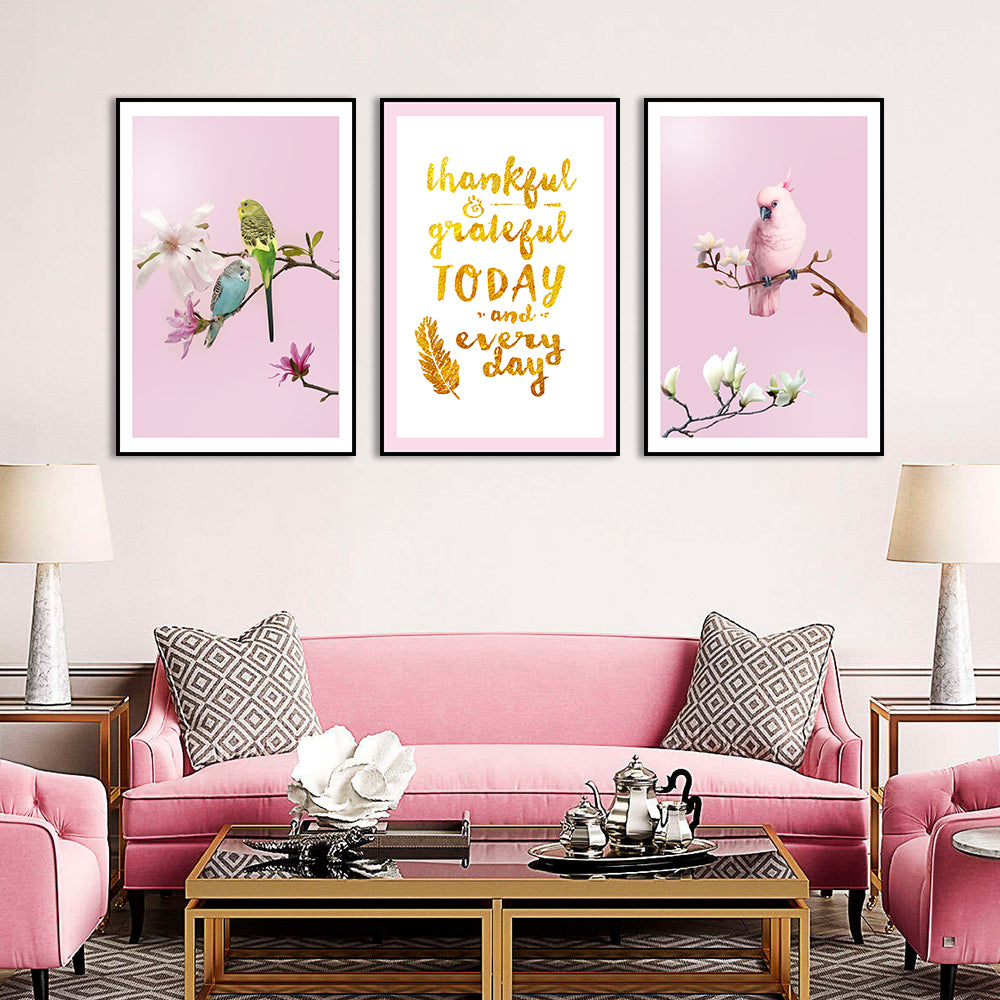 3 Piece Nordic Pink Parrot And Flower Canvas Wall Art