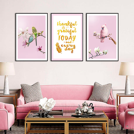 3 Piece Nordic Pink Parrot And Flower Canvas Wall Art