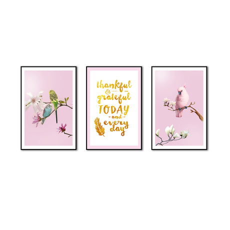 3 Piece Nordic Pink Parrot And Flower Canvas Wall Art