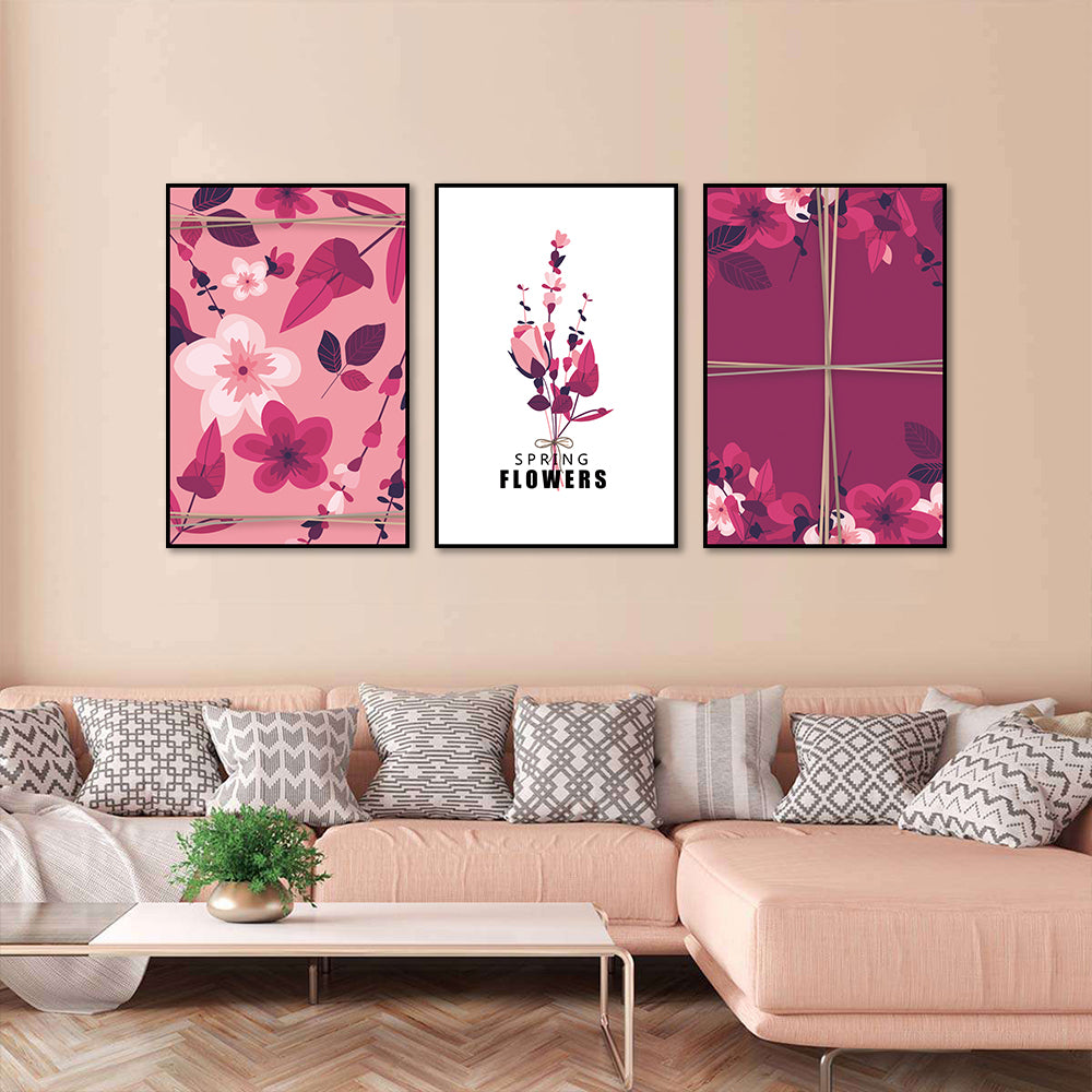 3 Piece Nordic Pink Spring Flowers Canvas Wall Art