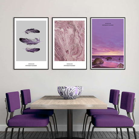 3 Piece Nordic Purple Feather Canvas Wall Art