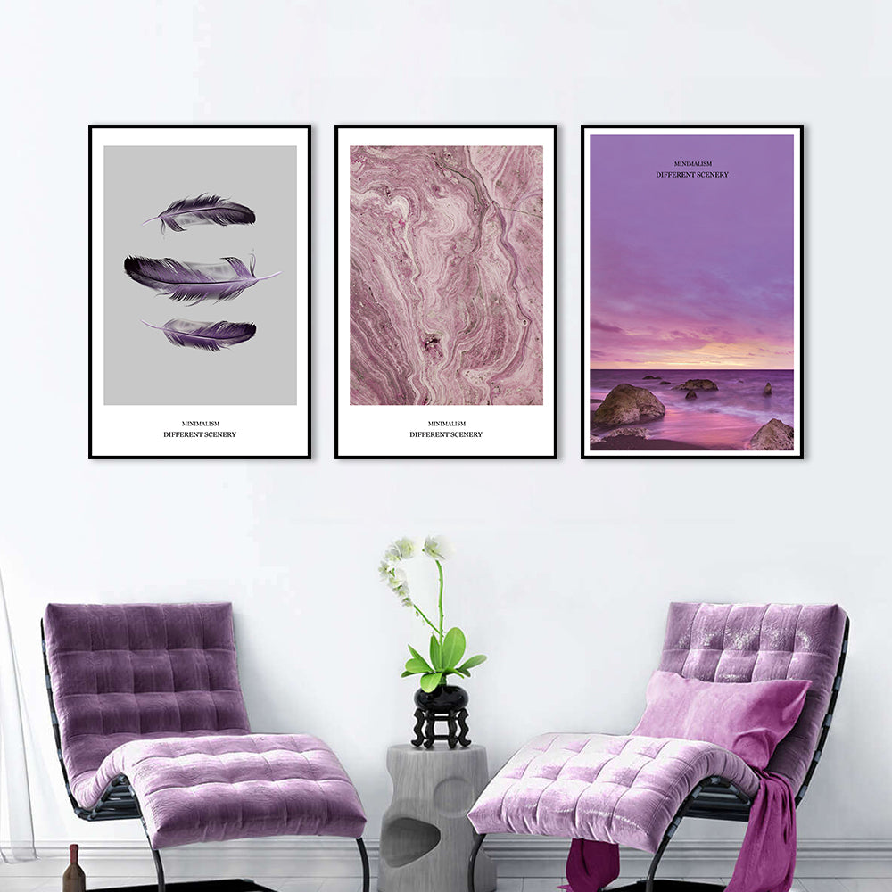 3 Piece Nordic Purple Feather Canvas Wall Art