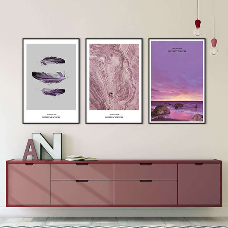 3 Piece Nordic Purple Feather Canvas Wall Art