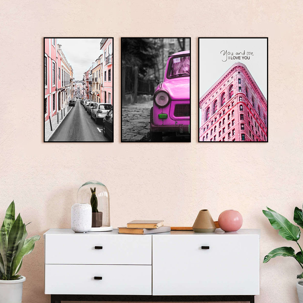 3 Piece Nordic Red Architecture And Car Canvas Wall Art