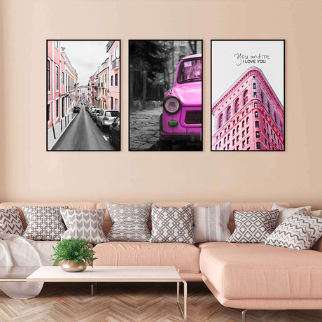 3 Piece Nordic Red Architecture And Car Canvas Wall Art