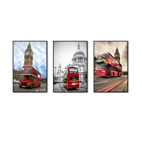 3 Piece Nordic Red Bus In London Street Canvas Wall Art