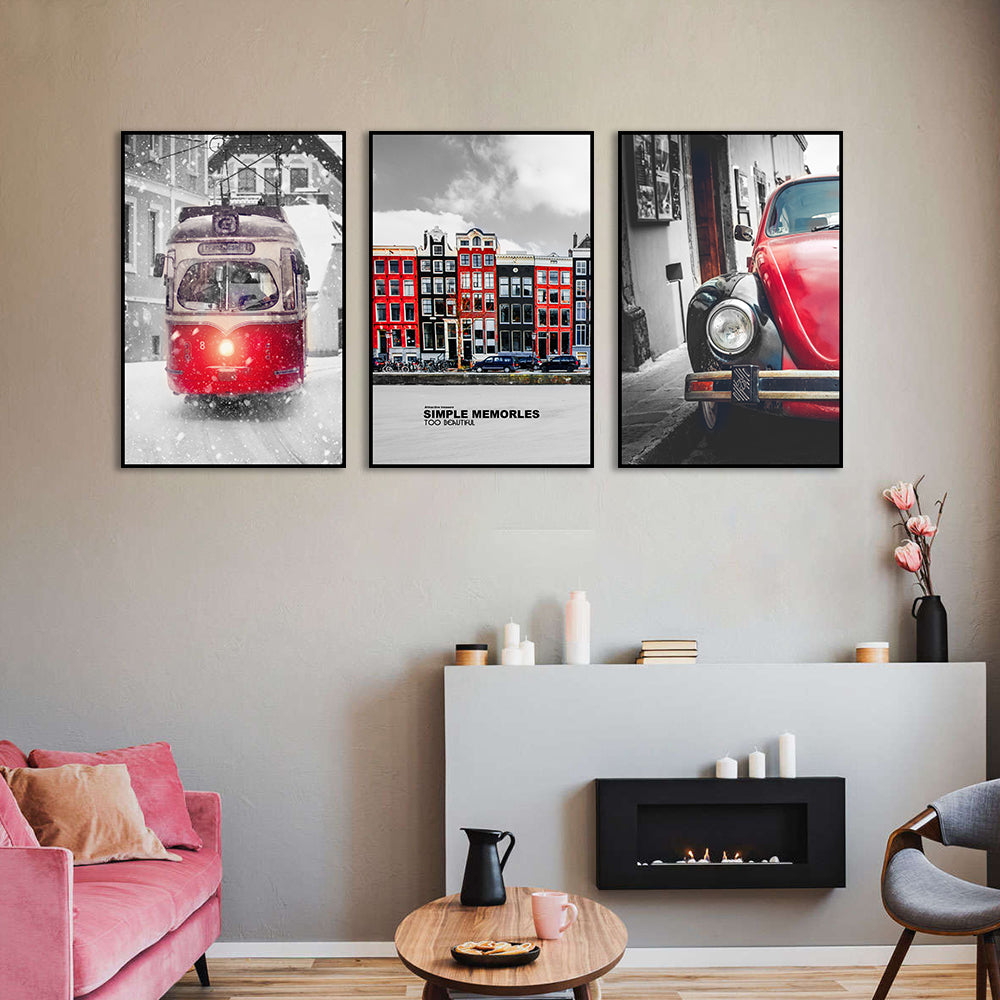 3 Piece Nordic Red Car And Train Canvas Wall Art