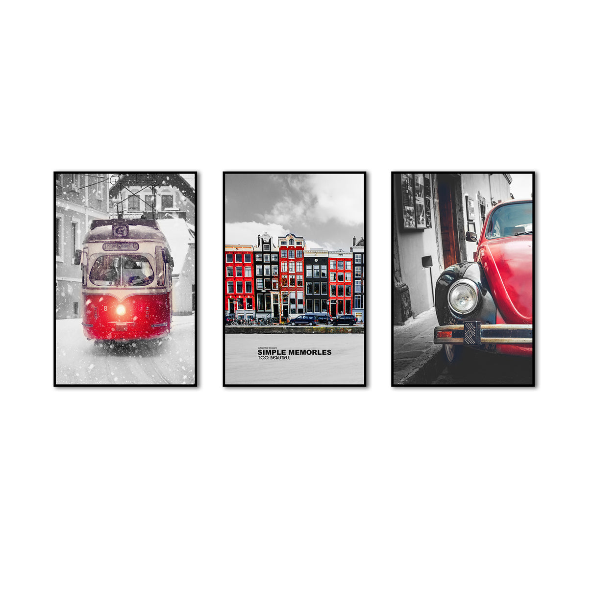 3 Piece Nordic Red Car And Train Canvas Wall Art