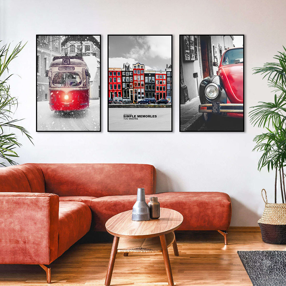 3 Piece Nordic Red Car And Train Canvas Wall Art