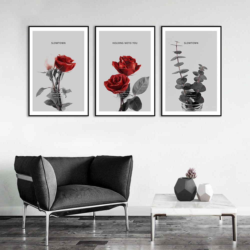 3 Piece Nordic Red Flowers And Leaf Canvas Wall Art