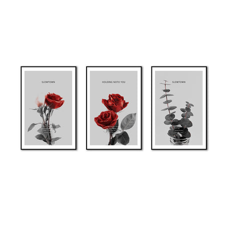 3 Piece Nordic Red Flowers And Leaf Canvas Wall Art