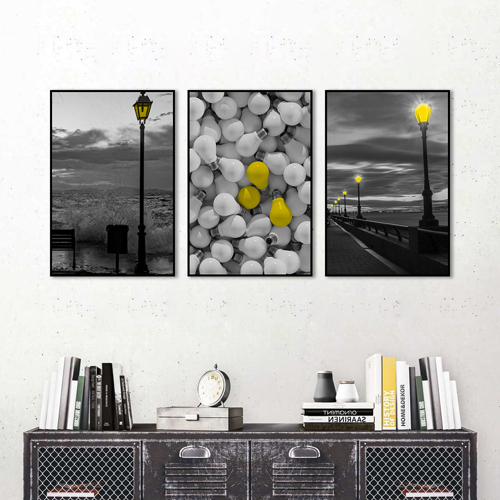 3 Piece Nordic Street Light Night View And Bulbs Canvas Wall Art