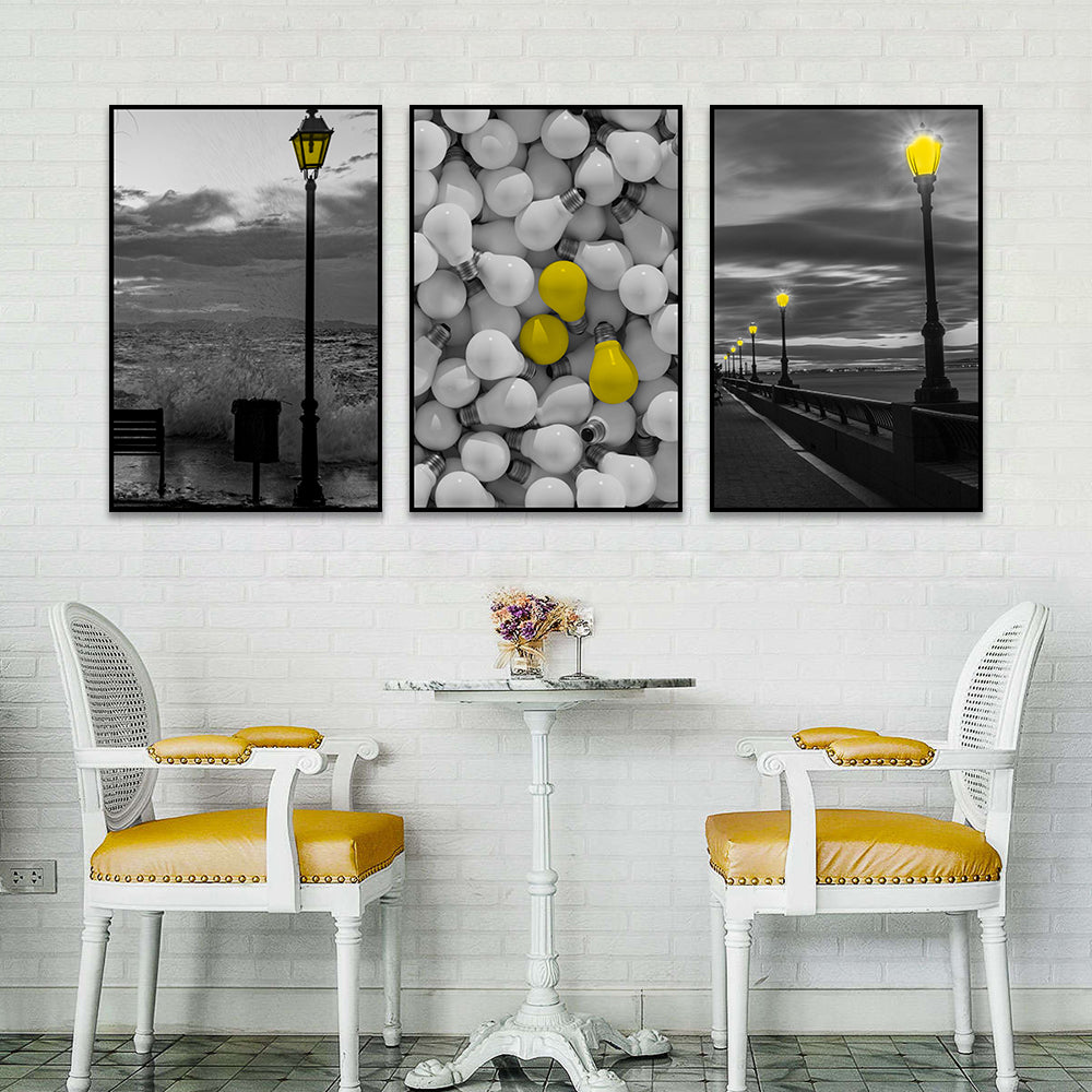 3 Piece Nordic Street Light Night View And Bulbs Canvas Wall Art