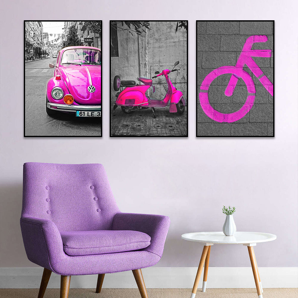 3 Piece Nordic Street Pink Car Canvas Wall Art