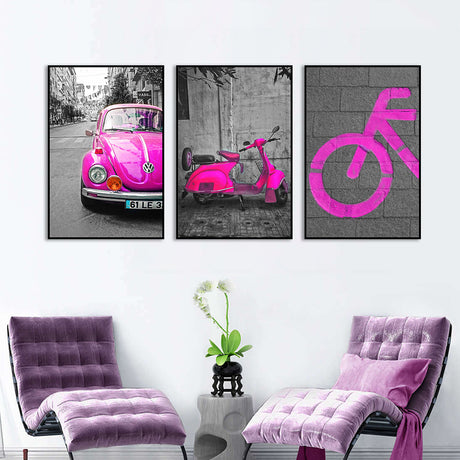 3 Piece Nordic Street Pink Car Canvas Wall Art